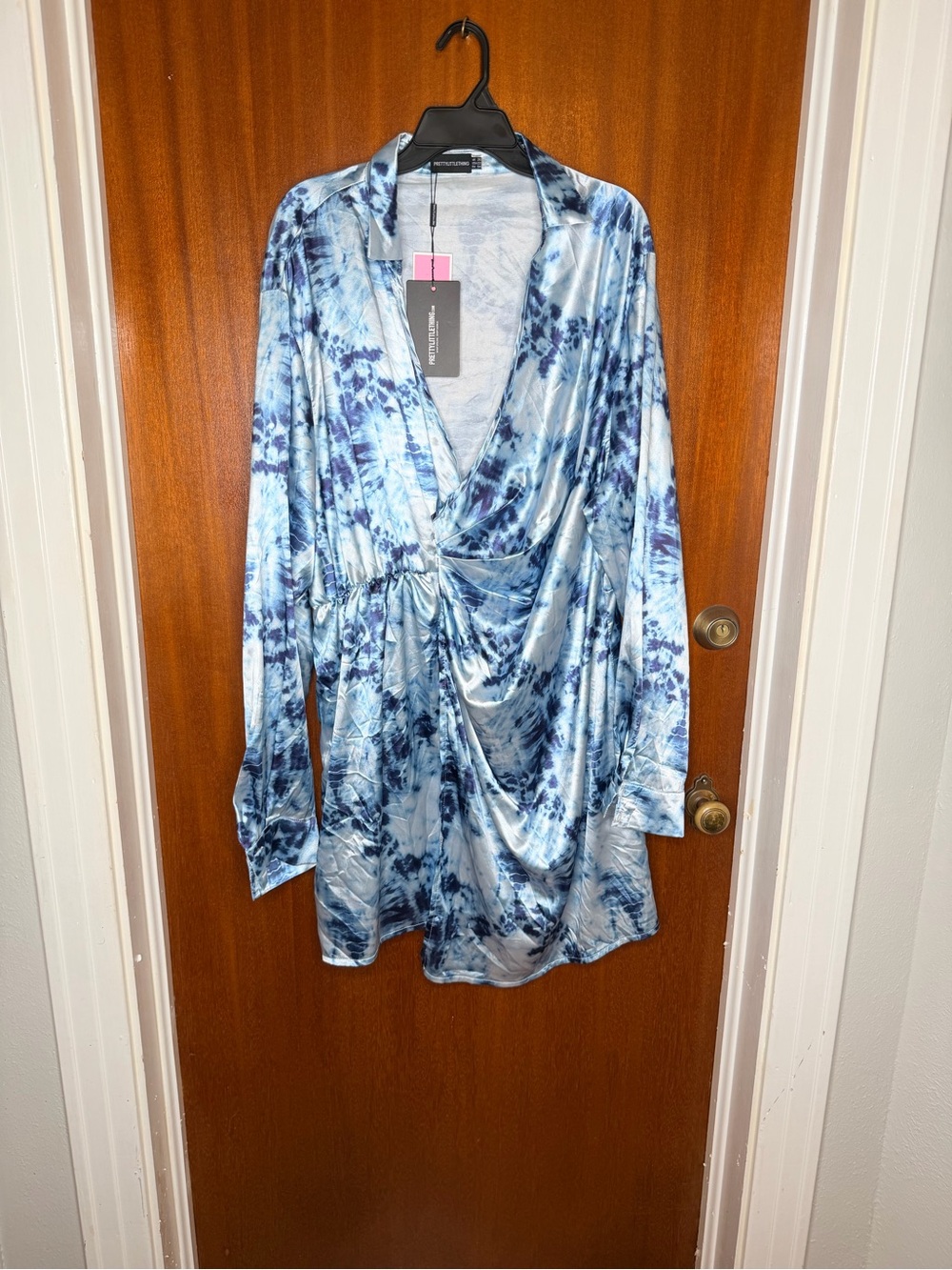 PrettyLittleThing Blue Tie-Dye Satin Wrap Dress